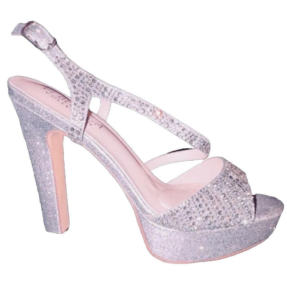 De Blossom Collection Silver Rhinestone Glitter Platform Heel glamourous Size 8